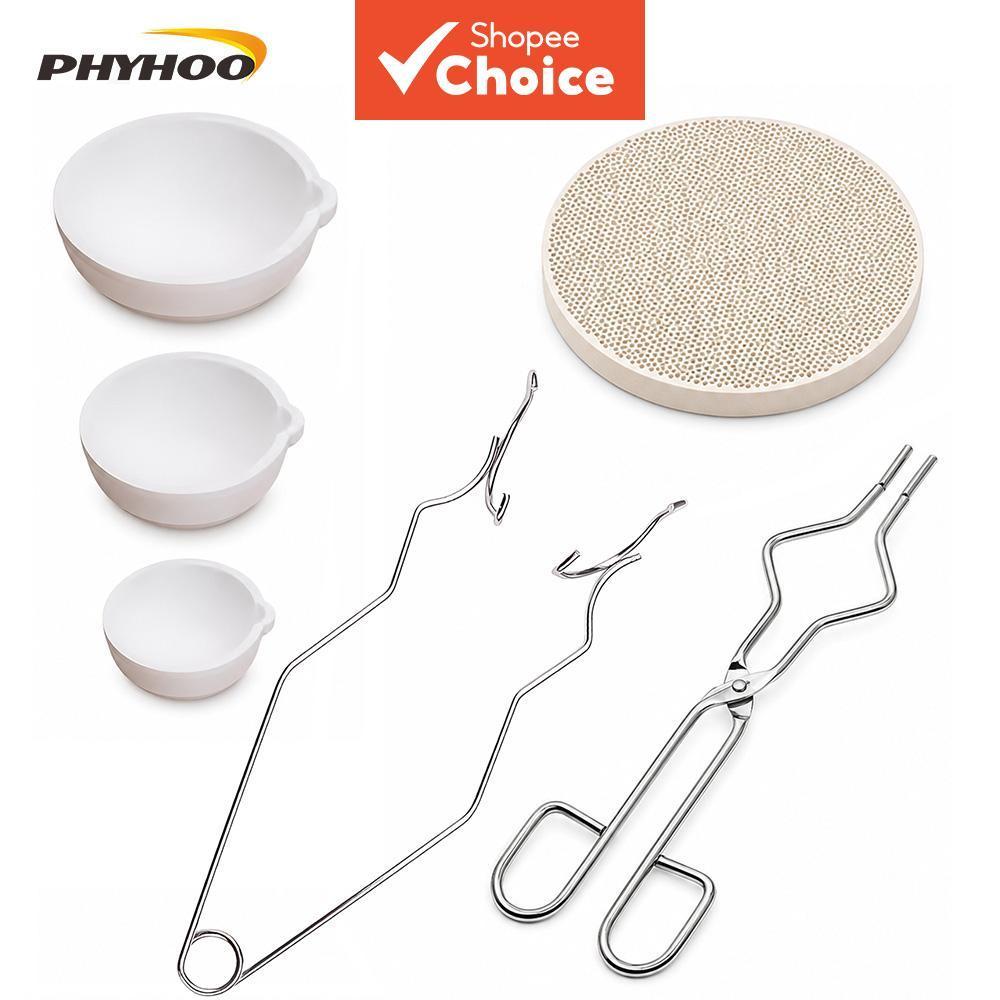 หนึ่งชุด PHYHOO 6 ชิ้นเครื่องประดับละลายชุด 3 เซรามิค Crucibles 40 ซม.ผู้ถือแหนบรังผึ้งบัดกรีบล็อก