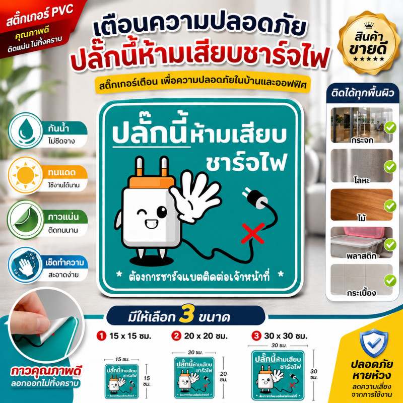 Sticker Mallสติกเกอร์ป้ายเตือน "ปลั๊กนี้ห้ามเสียบชาร์จไฟ" ลายการ์ตูนน่ารัก สุภาพ สติกเกอร์ห้ามใช้ปลั๊ก ป้ายเตือนหน้าร้าน