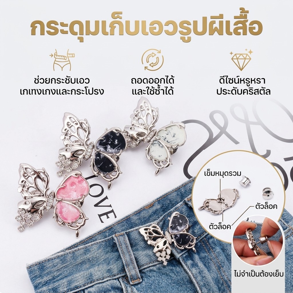 กระดุมปรับเอวกางเกงไร้ตะปู ดีไซน์ผีเสื้อน่ารัก ติดตั้งง่าย ไม่ต้องเย็บ ช่วยปรับขนาดเอวสำหรับกางเกงยีนส์และกางเกงทั่วไป
