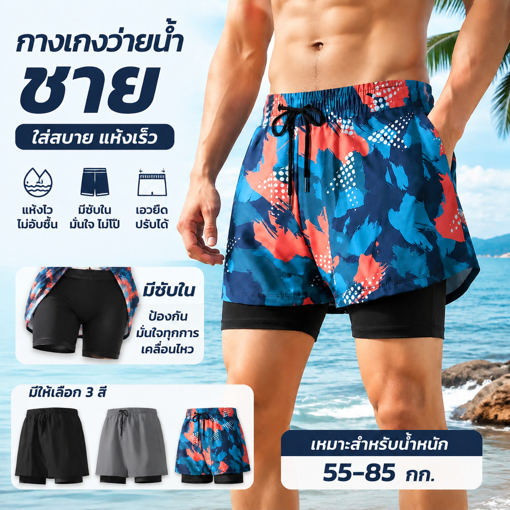 กางเกงว่ายน้ำผู้ชายมีซับใน ผ้าเย็นแห้งไว เหมาะ50-100กก. กางเกงชายหาดเล่นน้ำ