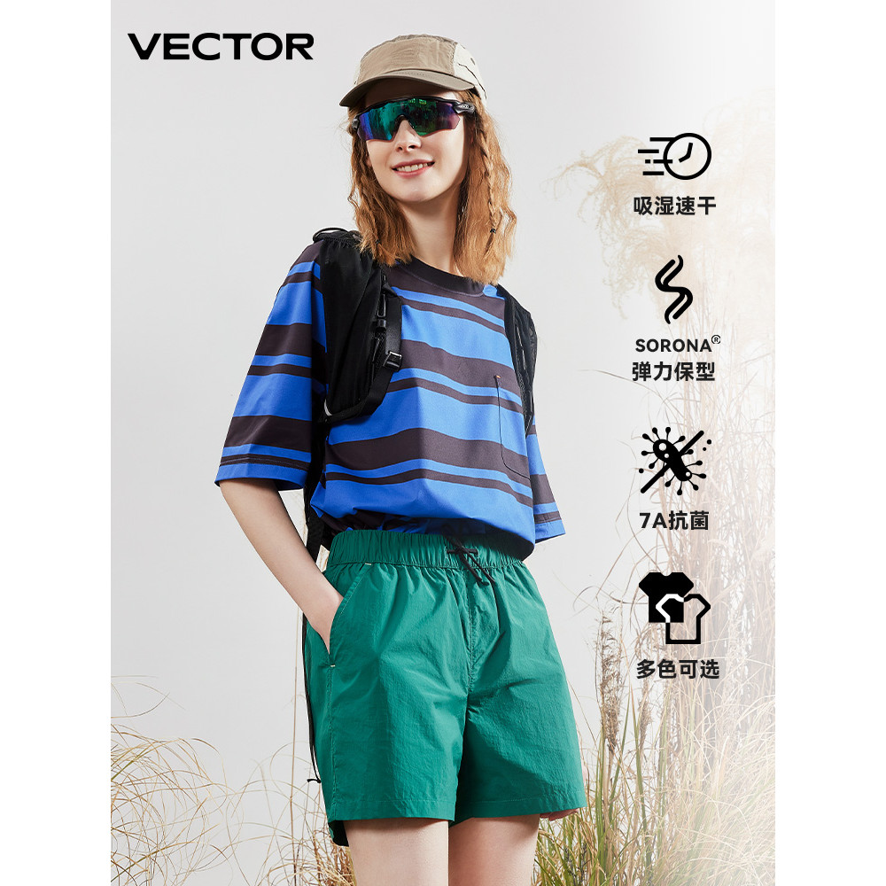 VECTOR Quick-Drying เสื้อผ้าวิ่งกีฬาแขนสั้นเสื้อยืดผู้หญิงต้านเชื้อแบคทีเรียรอบคอสไตล์ครีมกันแดดเสื้