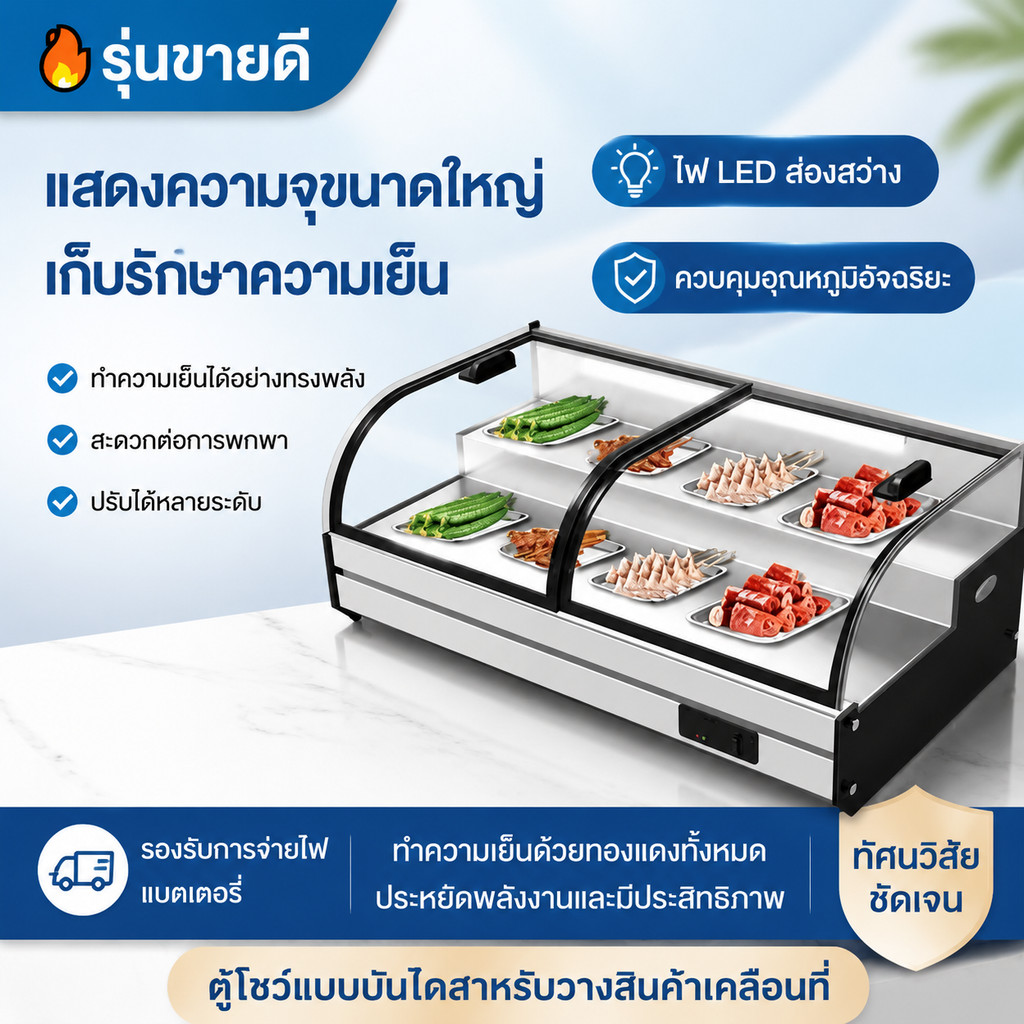 ตู้แช่แสดงสินค้าแบบตั้งโต๊ะ ตู้แช่เย็นสแตนเลส ตู้เก็บความสดกระจกโค้ง ระบบทำความเย็นด้วยท่อทองแดง Refrigerated cabinet