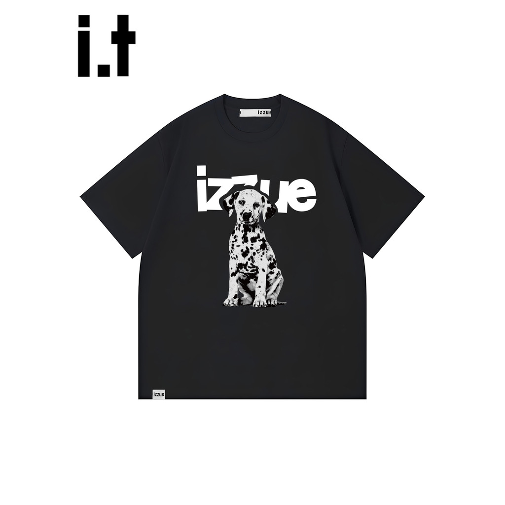 มัน izzue อเมริกันอินเทรนด์สีดําแขนสั้นเสื้อยืดผู้ชายฤดูร้อนบางหลวมลูกสุนัขพิมพ์ผ้าฝ้ายด้านบน Y
