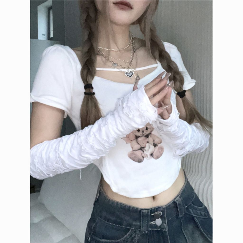 Wasteland Style Hole Hot Girl Y2K Hand Sleeve Asian Culture Beggar Sleeve Female Brother Te Punk Fin