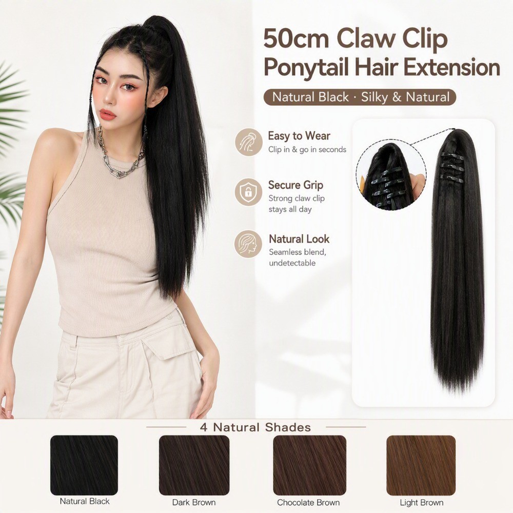 (จัดส่งในพื้นที่) 45/50 ซม. ผู้หญิงธรรมชาติตรงกรงเล็บคลิปวิกผมผมหางม้า แฮร์พีซ มั่นคงถือทุกวัน