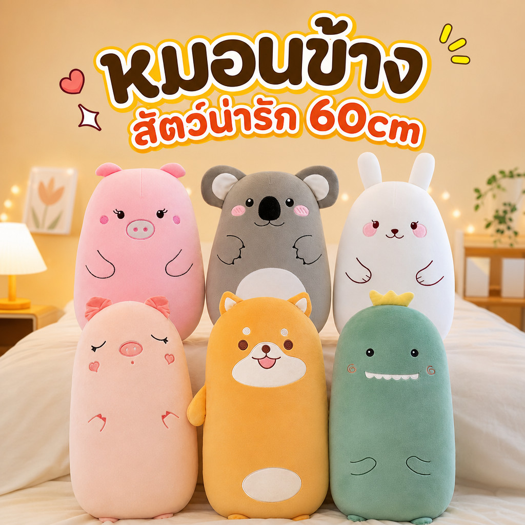 มี 9ลาย หมอนข้างหมา แมว ไดโนเสาร์ หมู ยาว 60cm