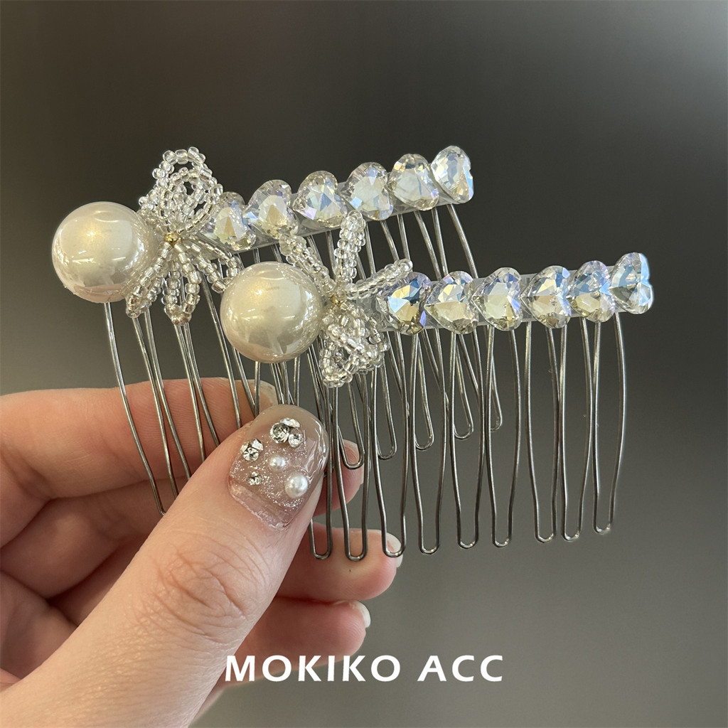 Mokiko Kr French Light Luxury Pearl Rhinestone Bow Hair Comb ins Elegant Sweet Hair Comb กิ๊บติดผม