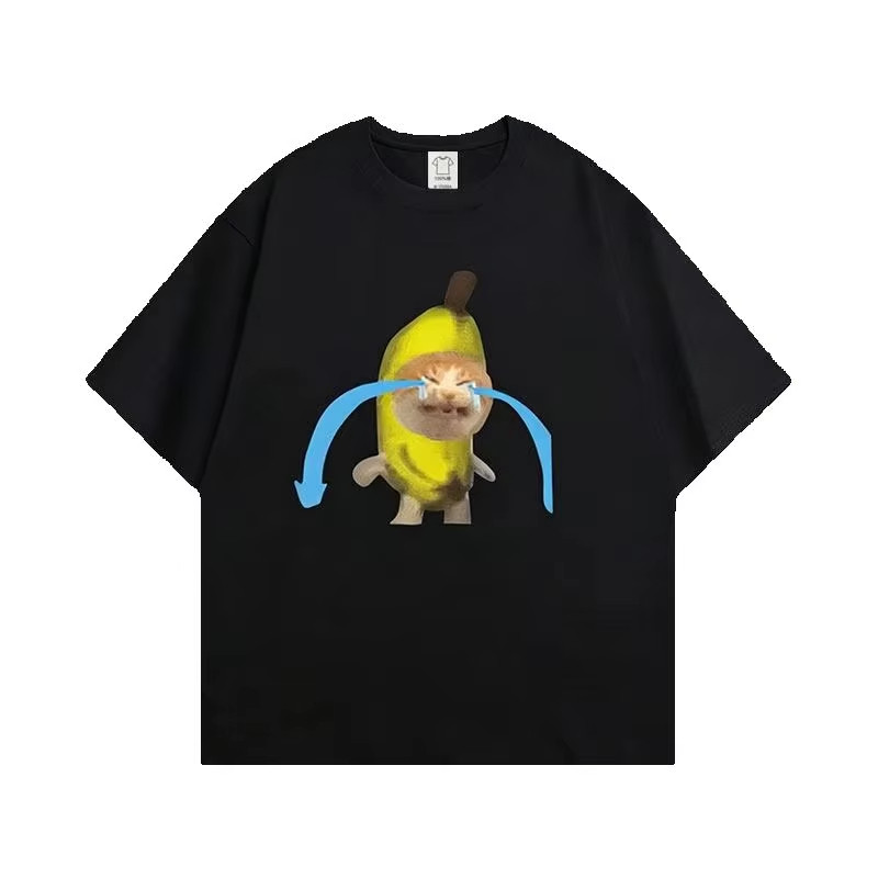 Cat Meme Crying Cat Emoji Printed Short Sleeve Male and Female Summer New Cotton Versatile Round Nec