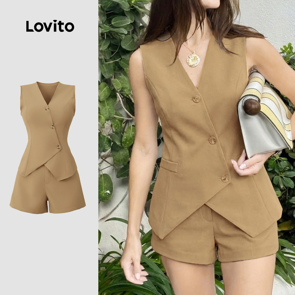 Lovito  เสื้อผู้หญิงสําหรับฤดูใบไม้ผลิ/ฤดูร้อน เสื้อหรือกางเกงติดกระดุมด้านหน้า มีซิป สีคากิ L178LD1581