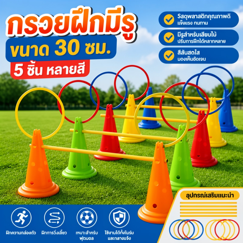กรวยฝึกมีรู ขนาด 30 ซม. 5 ชิ้น หลายสี ทนทาน อุปกรณ์ฝึกความคล่องตัวฟุตบอล ฝึกการวิ่งเลี้ยวรอบสิ่งกีดขวาง
