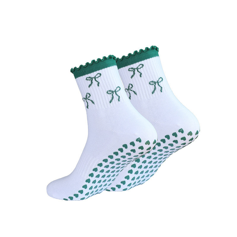 Gentle Bowknot Funer Edge Mid-Tube Cotton Socks Home Fitness Yoga Socks Sole Anti-Slip Dot Rubber So