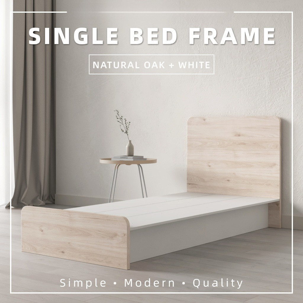 Melamine Single Bed Frame with Headboard Natural Oak + White - HMZ-FN-BF-M8808-LH+WT