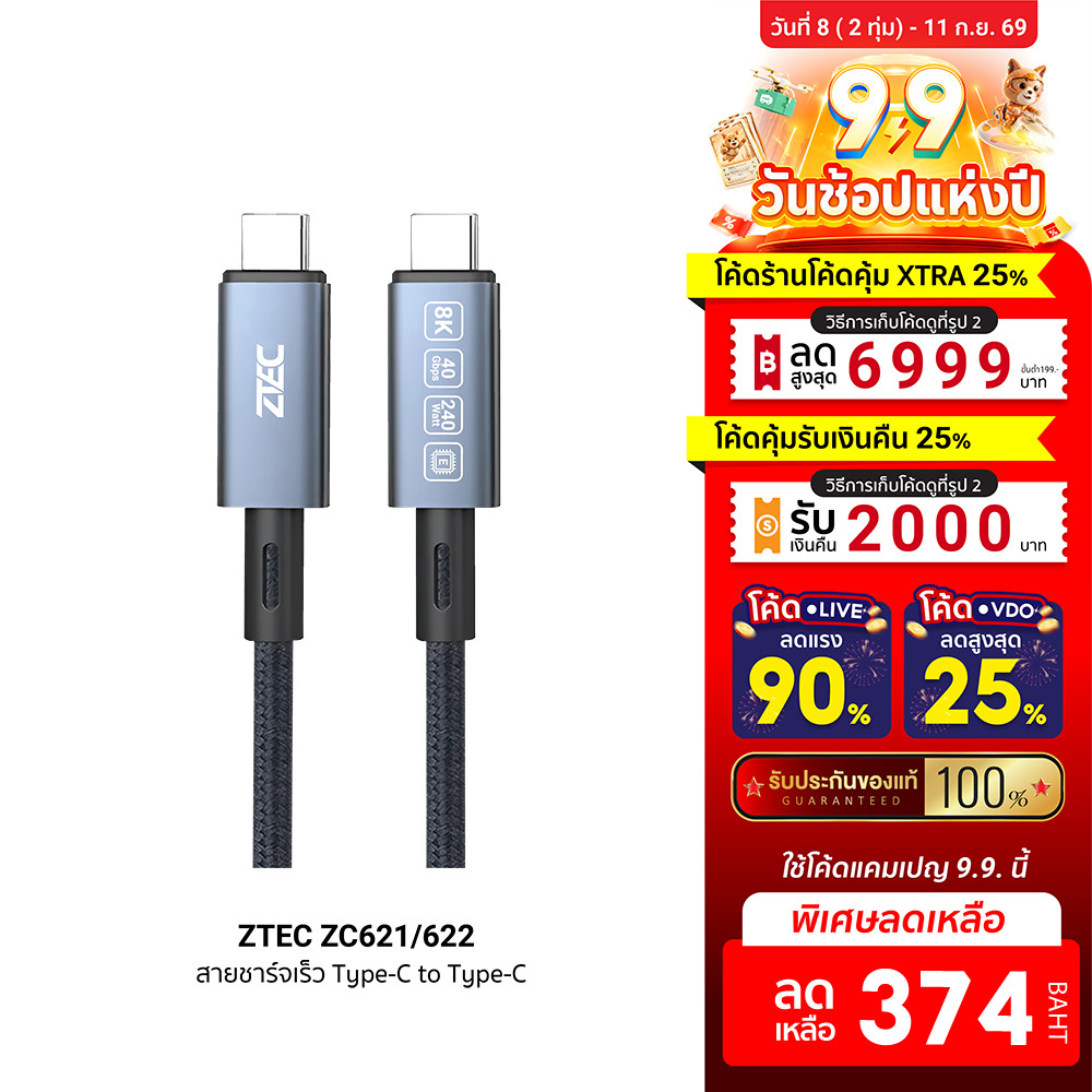 [ลดเหลือ 374] ZTEC ZC621 / ZC622 สายชาร์จไนลอนถัก 240W USB-C to USB-C Thunder 4 / 3 , USB4 รองรับการ