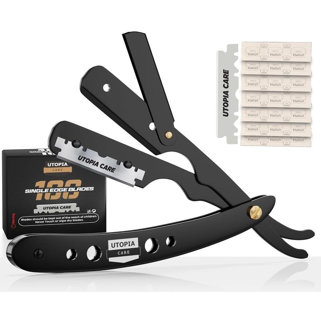 UtopiaCare Professional Mens Straight Razor, Safety Razor for Barbers, 100 Blades, k