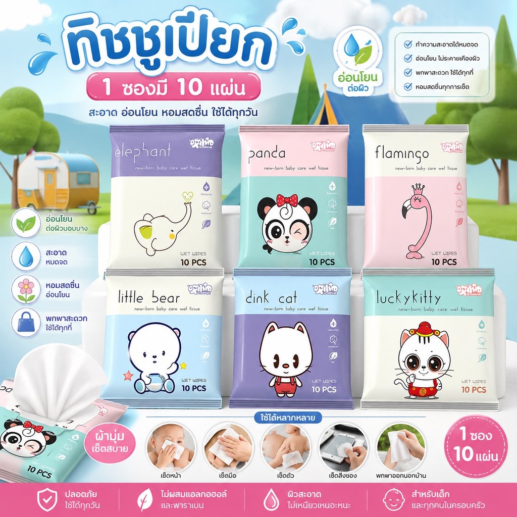 kingshopping XP64ทิชชู่เปียก ลายการ์ตูน ขนาดพกพา [1 ห่อ] [10 แผ่น/ห่อ] สำหรับเด็กและผู้ใหญ่