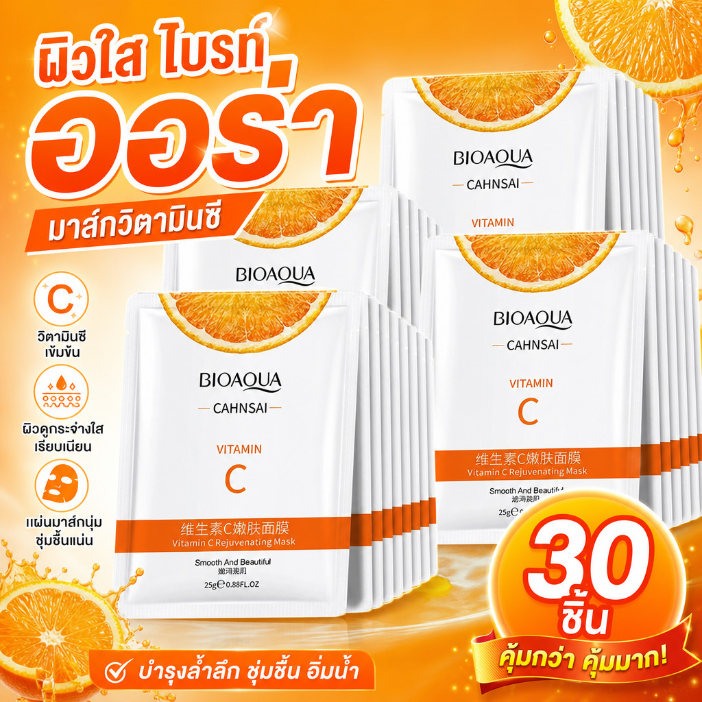 แผ่นมาส์กหน้า {30 ชิ้น} VC Mask มาส์กวิ หน้าขาวกระจ่างใส หน้าเนียนนุ่มชุ่มชื้น ลดริ้วรอย มาร์คหน้า มาส์กหน้า Vitamin C