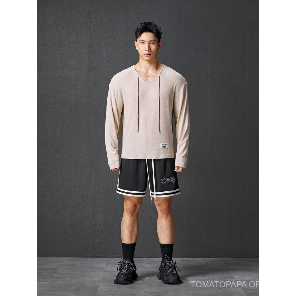 TOMATOPAPA ผู้ชายสไตล์ลําลอง V คอ Laced-Up เสื้อกันหนาวแขนยาว-Bottomingเสื้อ Lyocell ฤดูใบไม้ร่วงกีฬาฟิตเนส — صورة 3