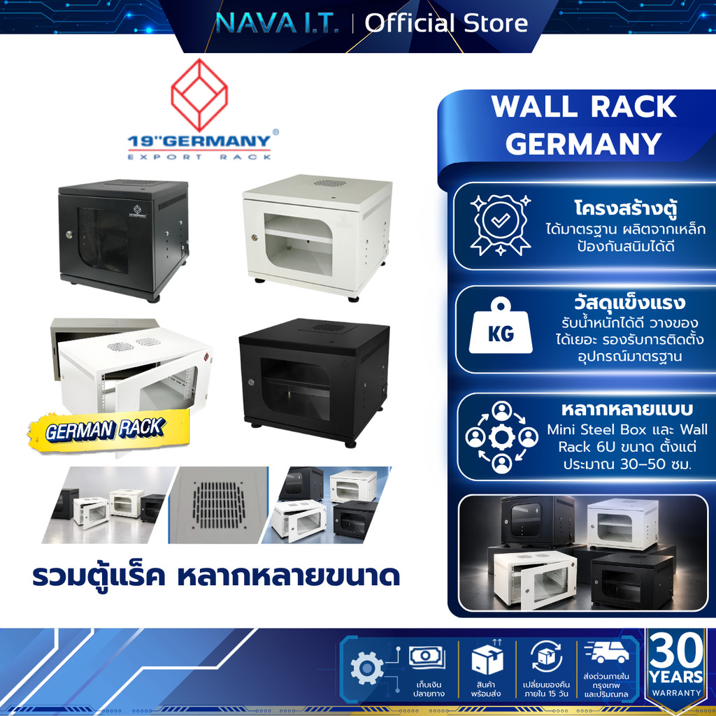 19”GERMANY ตู้แรค G1-60406/G1-60506/G6-30030/G6-40040 Wall Rack 6U และ Mini Steel Box สีดำ-ขาว ประกัน 30 ปี