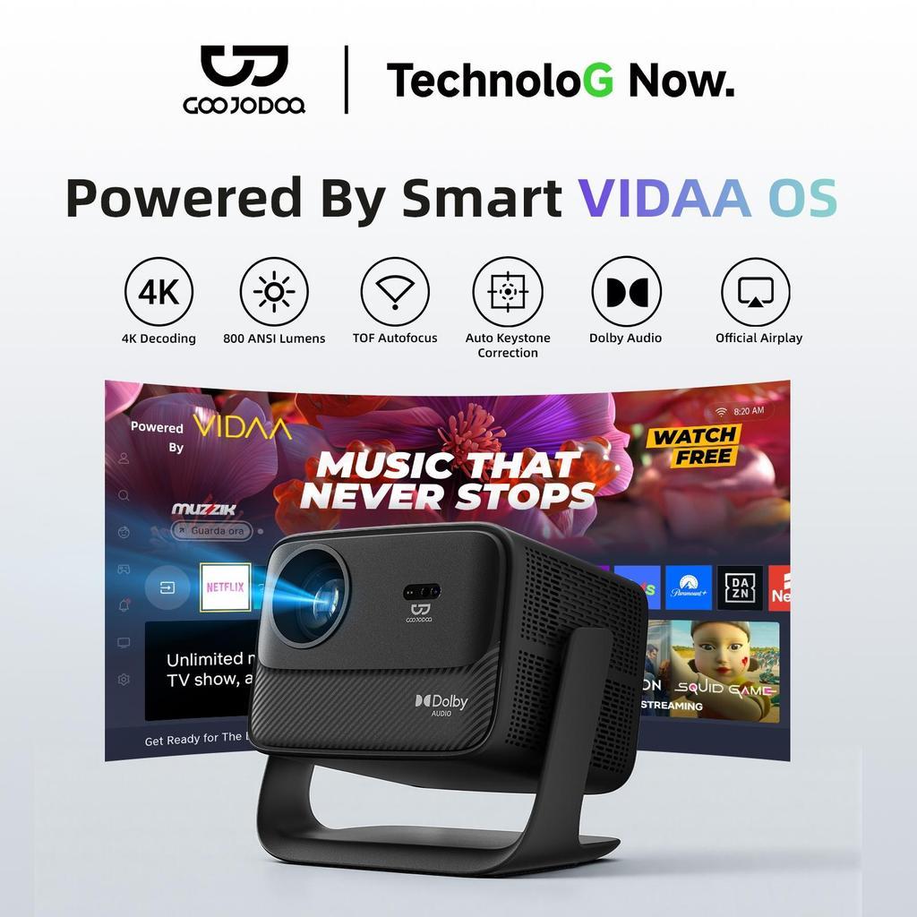 GOOJODOQ AC1099 Smart Projector with VIDAA OS Netflix Support Autofocus  360° Flexible Projection Hands-Free  Auto Setup