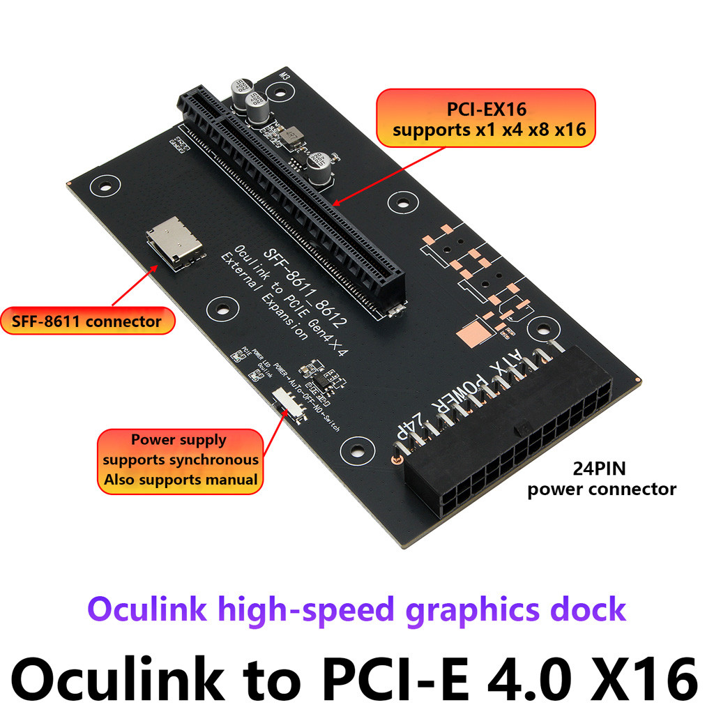 JMT Oculink SFF-864 SFF‐8612 ถึง PCI‐E 4.0 X16 Gen4 การ์ดอะแดปเตอร์ 24Pin ATX Power สําหรับ DIY ภายน