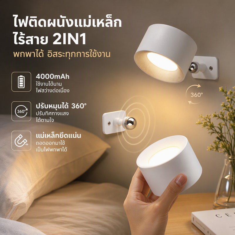 โคมไฟติดผนังหัวเตียง แม่เหล็ก ไร้สาย ชาร์จได้ รีโมท สัมผัส หมุน 360 ปรับแสง 3 สี หรี่ไฟได้