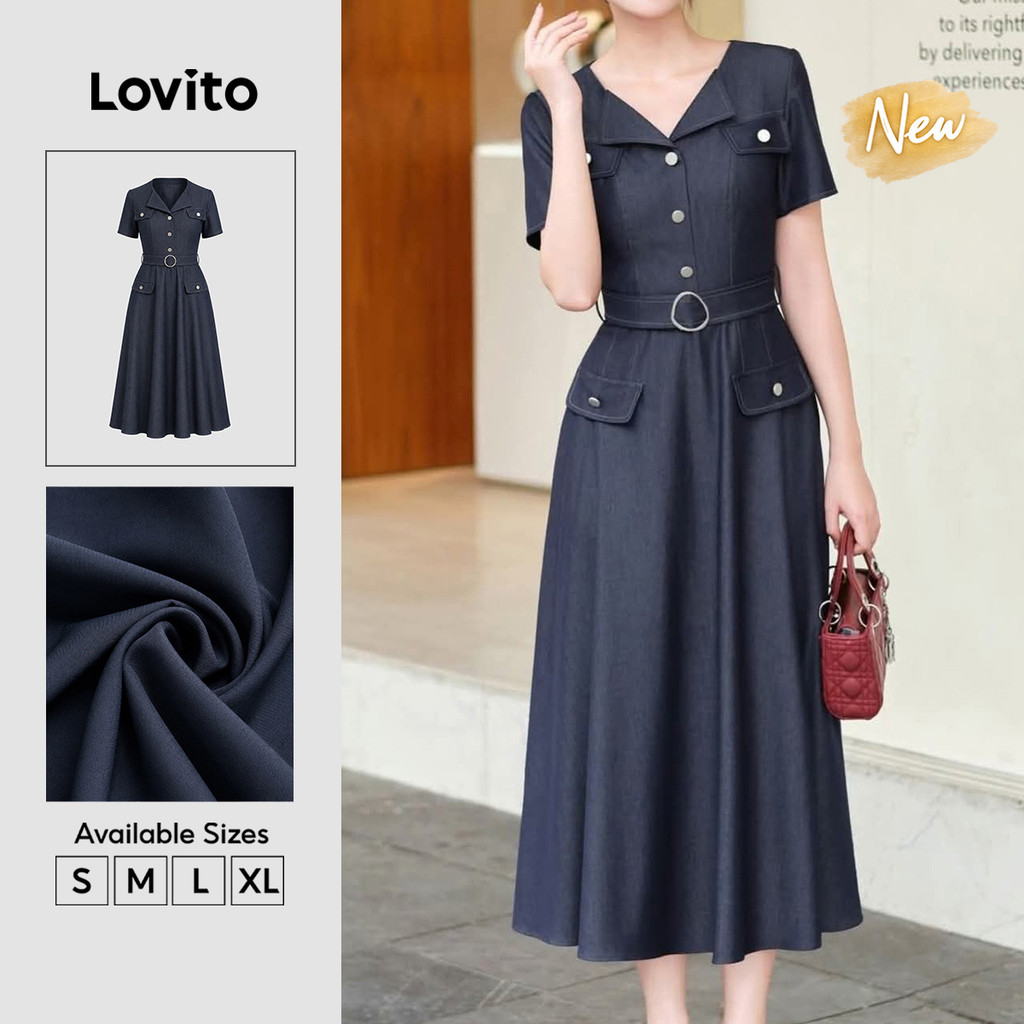 (New Arrival) Lovito เดรสยาวสีน้ำเงินเข้มสำหรับผู้หญิง ทรงเอ มีกระดุม สไตล์สง่างาม สำหรับฤดูใบไม้ผลิ