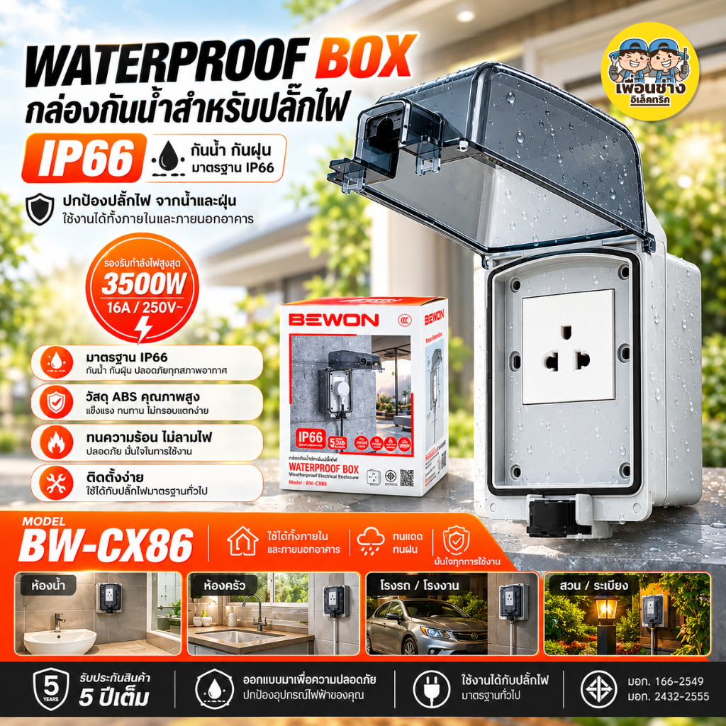 BEWON กล่องเต้าเสียบปลั๊กไฟฟ้ากันน้ำกันฝุ่น รุ่น BW-CX86 สำหรับใช้งานภายนอก IP66 ปลั๊กกันน้ำ กล่องเต