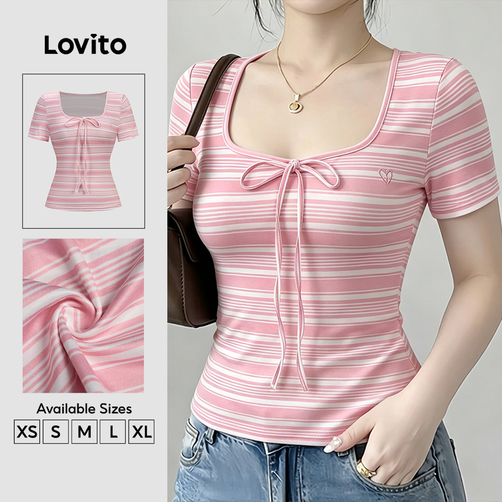 Lovito เสื้อยืดลําลองผู้หญิง ปักลายบล็อกสี สําหรับฤดูใบไม้ผลิและฤดูร้อน TSK8P1D958