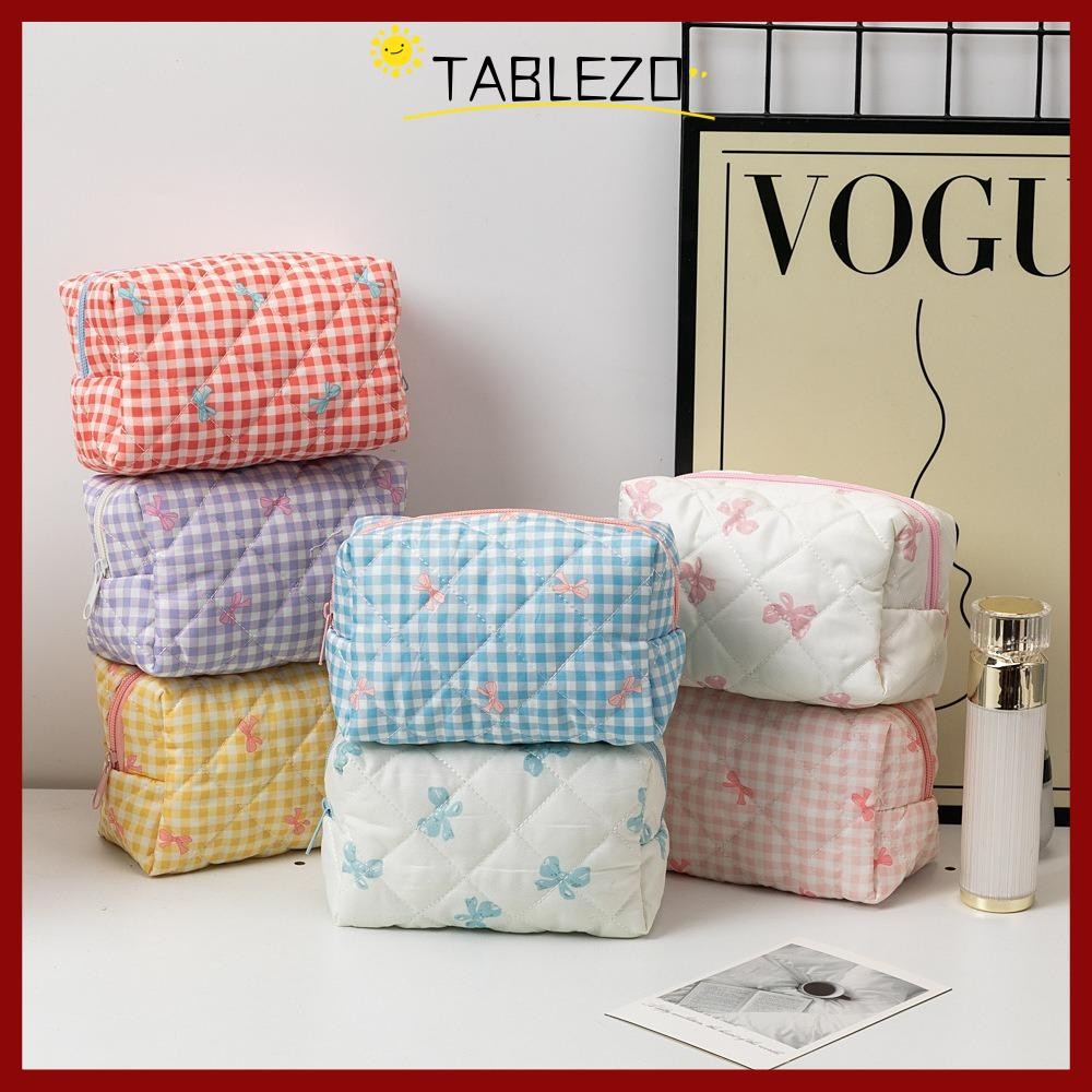 TABLEZO Quilted Makeup Bag, Multifunctional Bow Cosmetic Organizer, Portable Large Capacity Wash Bag Women