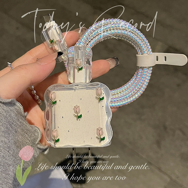 🚚COD🚚 ( 1เซ็ท5ชิ้น ) For iPhone 18W/20W ชุดแต่งสายชาร์จลายการ์ตูน เคสหัวชาร์จ Flowersชุดถนอมสายชาร์จการ์ตูนน่ารักๆ