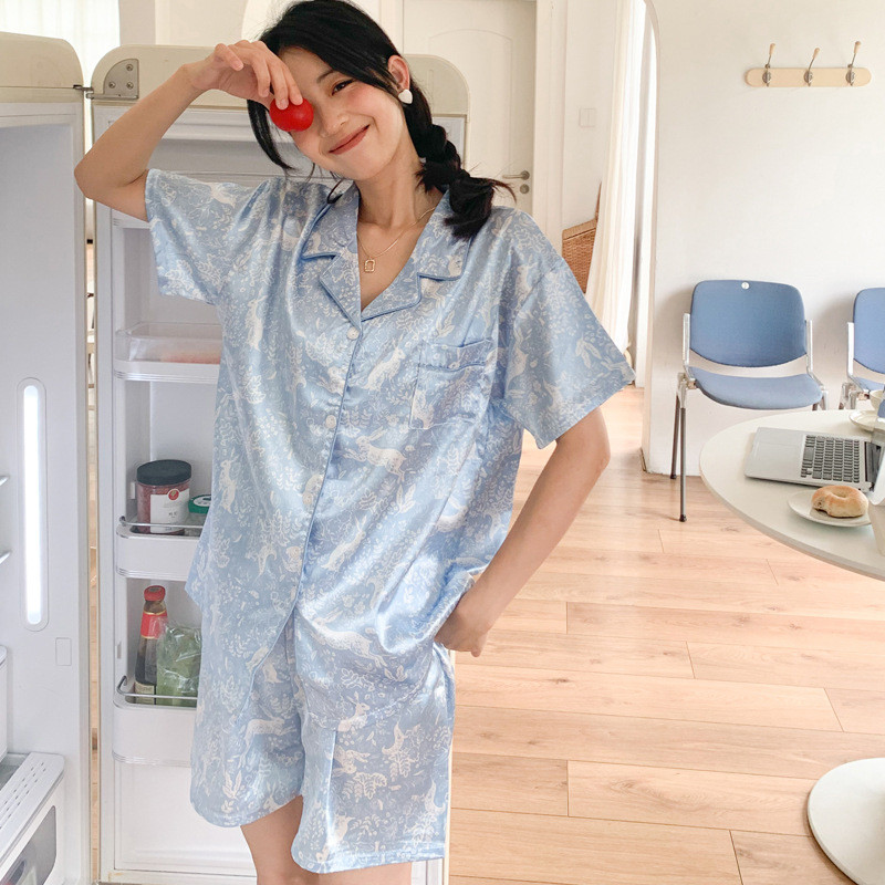ชุดนอน ชุดนอนผ้าไหมน้ําแข็งผู้หญิงสไตล์มูลค่าสูงเสื้อแขนสั้นชุดชุดนอนระดับไฮเอนด์ผู้หญิง Homewear xx