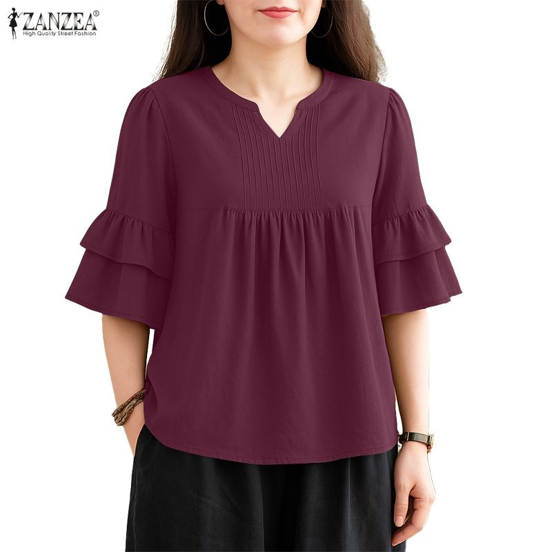 ZANZEA เสื้อเบลาส์สีทึบ สไตล์เกาหลีสำหรับสตรี ดีไซน์ลาย 3/4 แขน