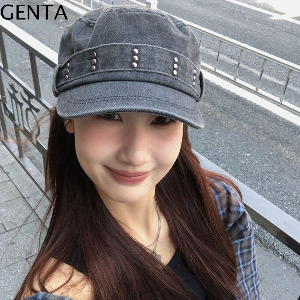 GENTA หมวกทรงแบน เดนิมVintageGothicY2K หมวกป้องกันแดด สไตล์ STREETWEAR