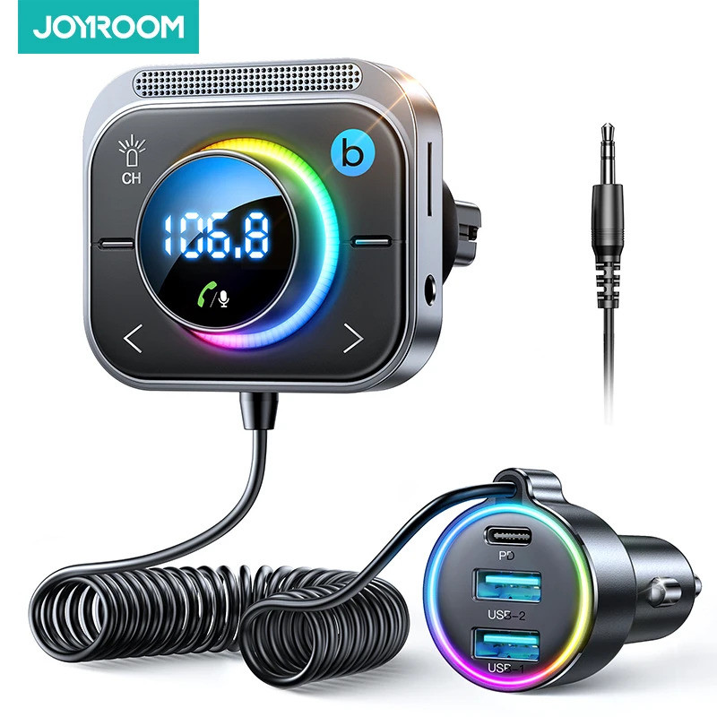 Joyroom บลูทูธ 5.3 เครื่องส่งสัญญาณ FM AUX รถอะแดปเตอร์เสียงเครื่องส่งสัญญาณ FM Bass Boost 3 พอร์ต P