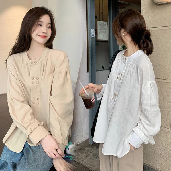mimi&didi#เสื้อเชิ้ตสีขาวคอกลมกระดุมสองแถวสไตล์หวานแบบฝรั่งเศส เสื้อเชิ้ตแขนยาวโอเวอร์ไซส์ แฟชั่น สำหรับผู้หญิง#99226