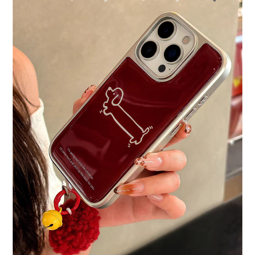 Huiwanju ไวน์สีแดงด้านล่างสาย dachshund เหมาะสําหรับ iPhone17 เคสโทรศัพท์มือถือ iphone16promax ไฟฟ้าอีพ็อกซี่ 15 ใหม่ 14 เคสป้องกันป้องกันการตก 13