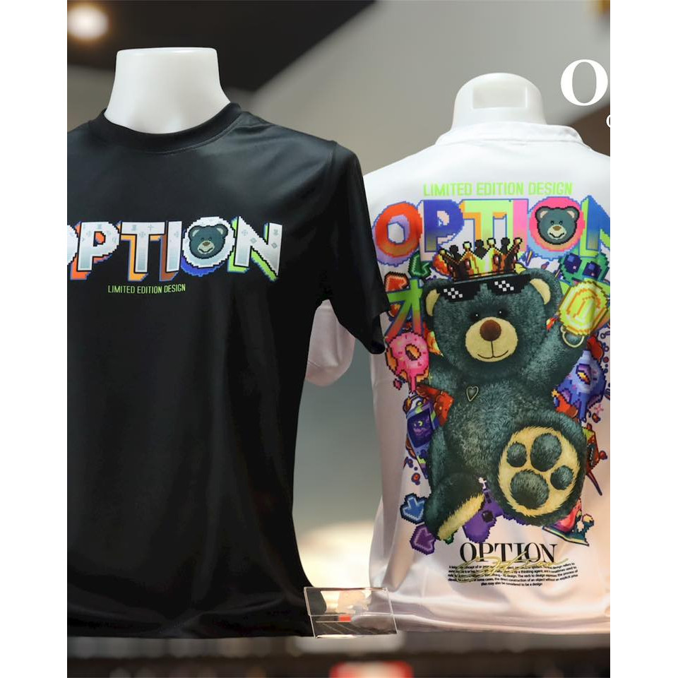 เสื้อยืด ผ้ามันพิมพ์ลาย  Bear Option V.2 🤍🖤 วัยรุ่นผ้าฝ้ายแท้ สวมใส่สบาย S-5XL