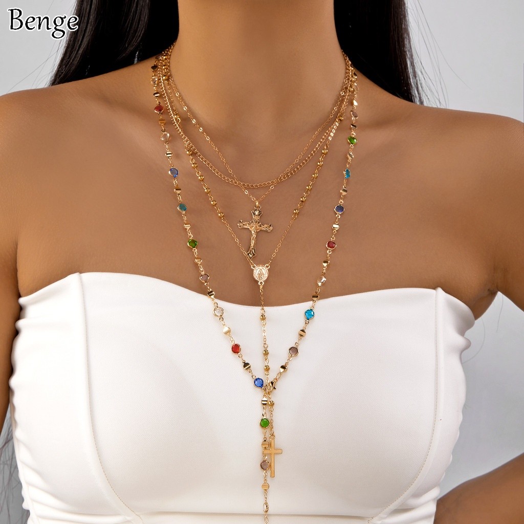 Benge Blink Cross จี้สร้อยคอประกาย Rhinestone Fringe Y2K Chain Statement เครื่องประดับของขวัญสําหรับผู้หญิงสาว