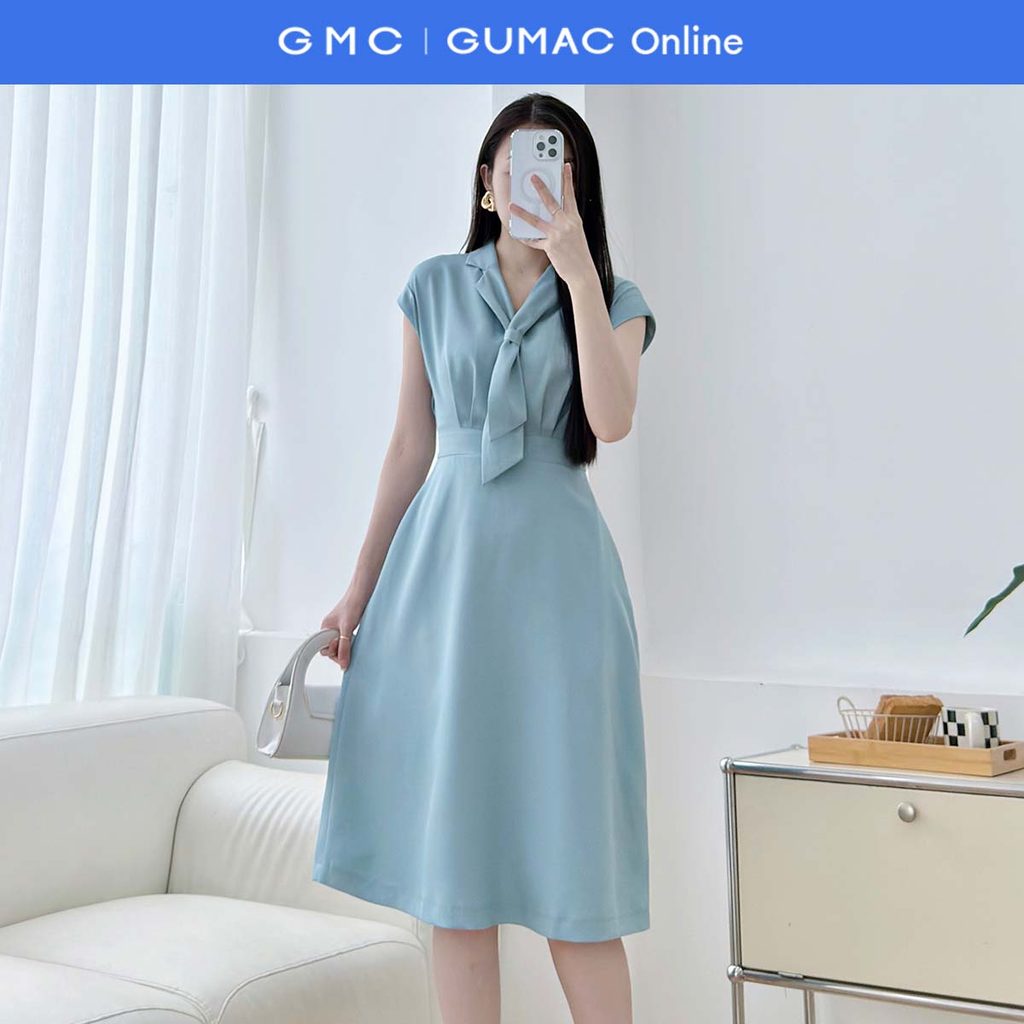 ชุดเดรสผู้หญิงทรงเอแขนชิ้นเดียวและคอปกเปิดลงสไตล์ดันตันมีสายผูกและแฟชั่น GUMP LDF0719