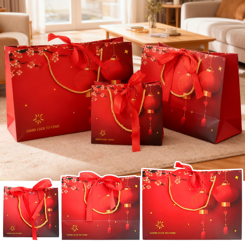 ถุงของขวัญงานรื่นเริงลายโคม | ถุงกระดาษสีแดงสําหรับงานปาร์ตี้บริษัท ฉลองวันเกิด3ขนาดขนาดใหญ่ขนาดกลางขนาดเล็กออกแบบริบบิ้นโบว์