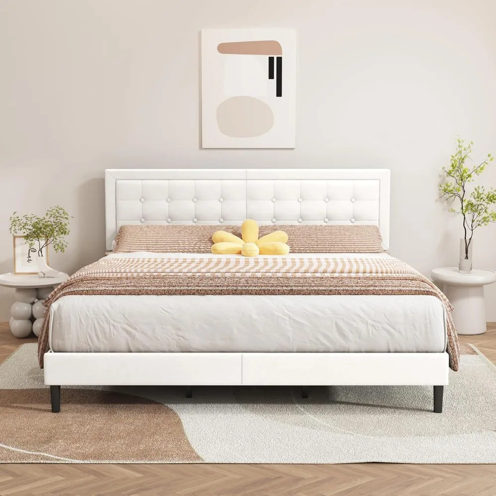 สินค้าแนะนํา Alazyhome King Size สีขาว Modern Upholstered Platform Bed Frame พร้อมปุ่ม Tufting Headb