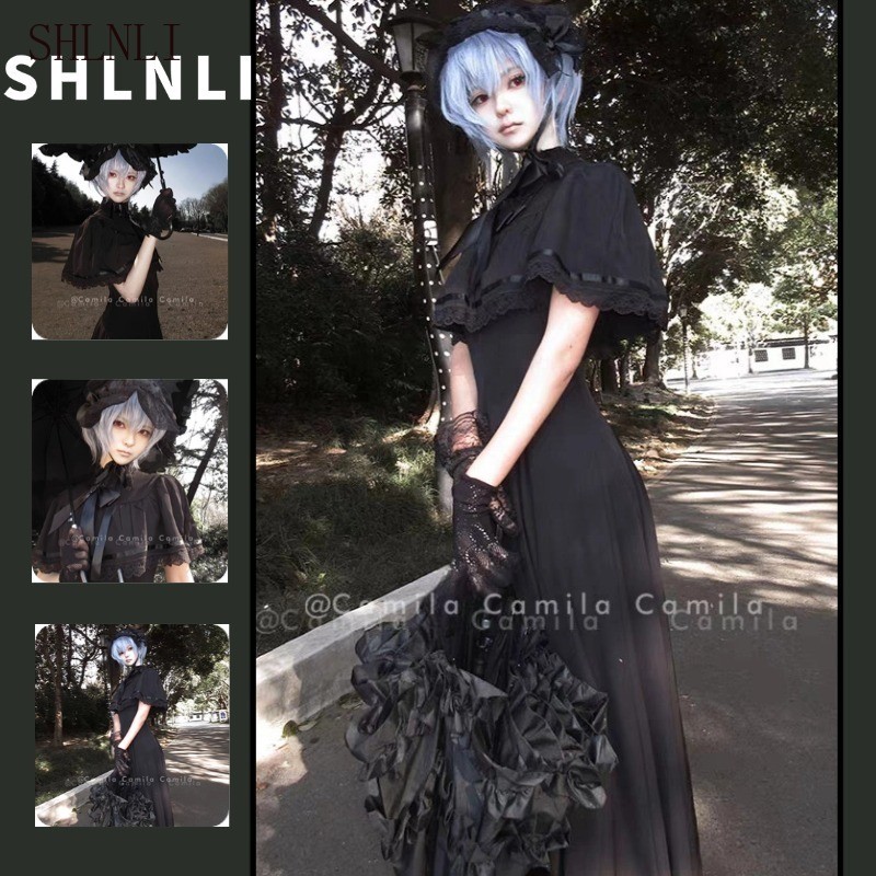 ชุดผู้หญิง Retro Gothic แขนสั้น สไตล์ Slim Lolita A-line กระโปรงยาว