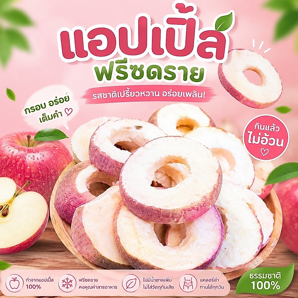 แอปเปิ้ลฟรีซดราย พรีเมียม กรอบละมุน หอมธรรมชาติ เปรี้ยวหวานลงตัว อร่อยเต็มรสชาติ ไม่อมน้ำมัน มี 3 ขนาด เลือกอิ่มได้ตามใจ
