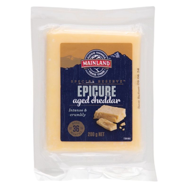 เมนแลนด์เอพพิเคียวร์เชดด้าชีส 200กรัม Mainland Epicure Aged Cheddar Cheese 200g. [หมายเลขบาร์โค้ด 9414832141816 ]