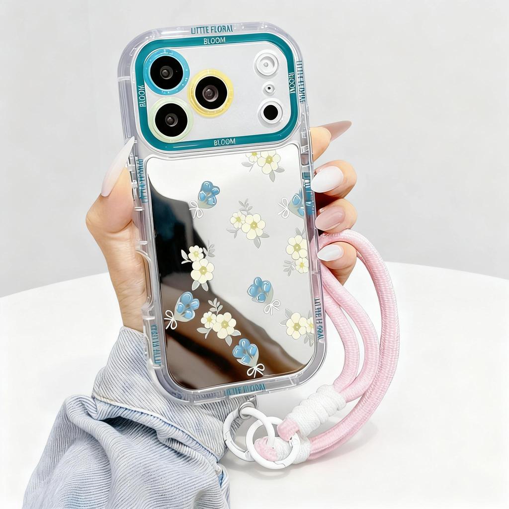 เคสไอโฟนป้องกันเลนส์ ลายดอกไม้สีฟ้าเหลืองเล็กกระจกมองหน้า มีขาตั้ง แถมสายคล้องชมพูiPhone11131518/17ProMax พร้อมส่งJHJMNY