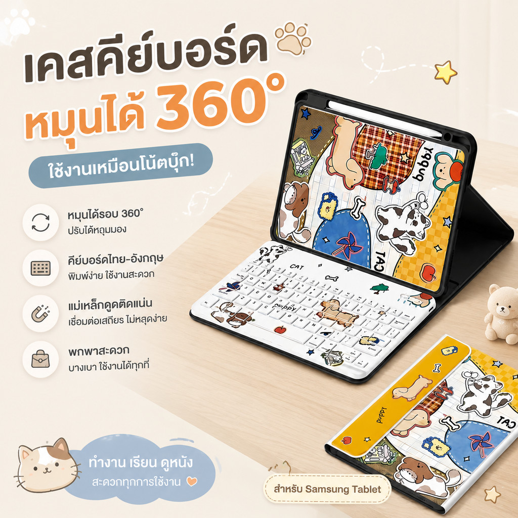 เคสกันกระแทกแบบหมุนได้ 360 องศา รุ่นล่าสุดสุดน่ารัก สามารถใช้ได้กับ Samsung TabS11, S10, S9 FE, A9, A11, S9+ และ S6 Lite