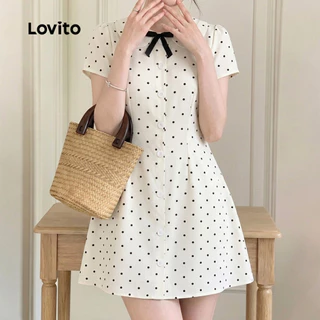 (New Arrival) Lovito เดรสลําลองผู้หญิงสีขาวงาช้าง ลายโบว์ สําหรับฤดูใบไม้ผลิ/ฤดูร้อน สีดำ เกาหลี อินเทรนด์ L200AD262