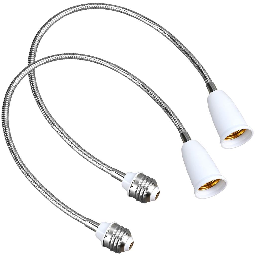 QWORK E26/E27 อะแดปเตอร์ขยายซ็อกเก็ตไฟ, 58 ซม./22.5 นิ้วขยายคอห่านแบบยืดหยุ่น, 2 แพ็ค E26 ถึง E26 ตั