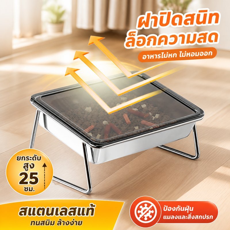 ชามข้าวหมา ชามอาหารแมว สแตนเลส พร้อมฝาปิดสนิท ชามเอียง ยกสูง ถาดใหญ่ ใส่อาหารน้ำ