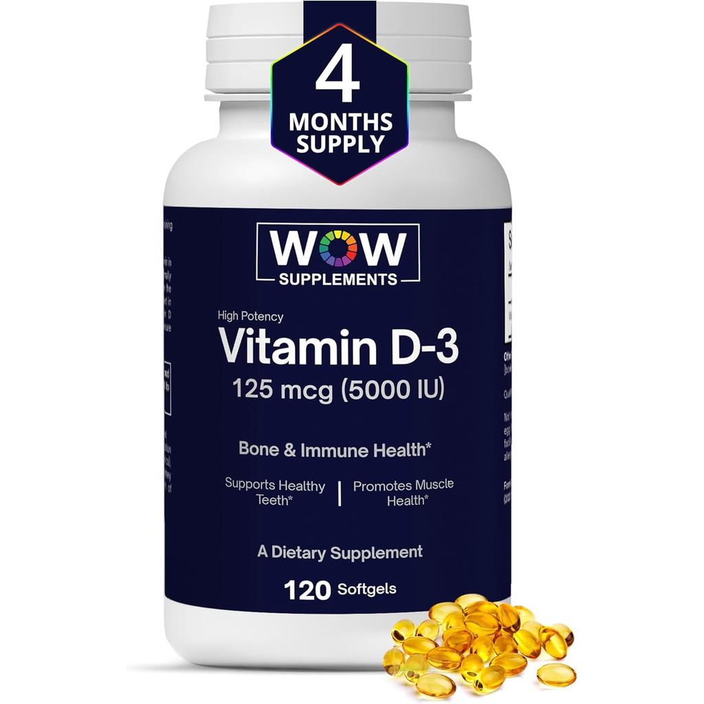 WOW อาหารเสริมวิตามิน D3 5000 IU Softgels, 125 mcg - วิตามิน D3 5000IU อาหารเสริมกระดูกแข็งแรงและสนั